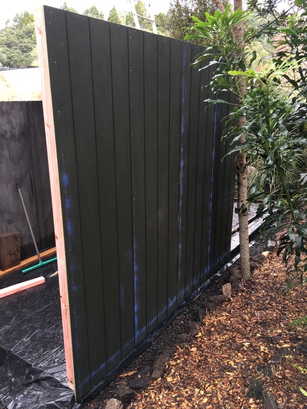 From the outside. The blue lines are just chalk lines used for nailing the siding to the framing.